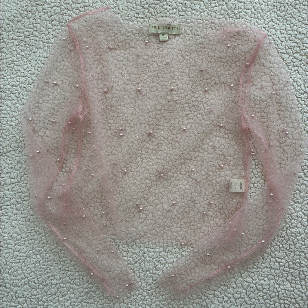Sheer Pink Pearl Embellished Ling Sleeve Blouse Top by Thirty Thirty LA